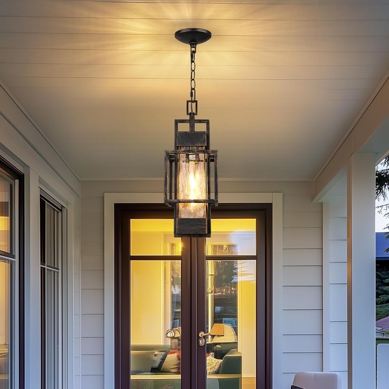 PARTPHONER 15" Outdoor Indoor Pendant Light Exterior Hanging Lantern, Modern Black Metal Outside Chandelier Light Fixture Ceiling Mount with Water Glass for Front Porch Entrance Foyer Entryway, Black Brush Gold - Image 1